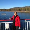 Susan relaxing on a riverboat during "EPIC" Lake Tahoe ski vacation